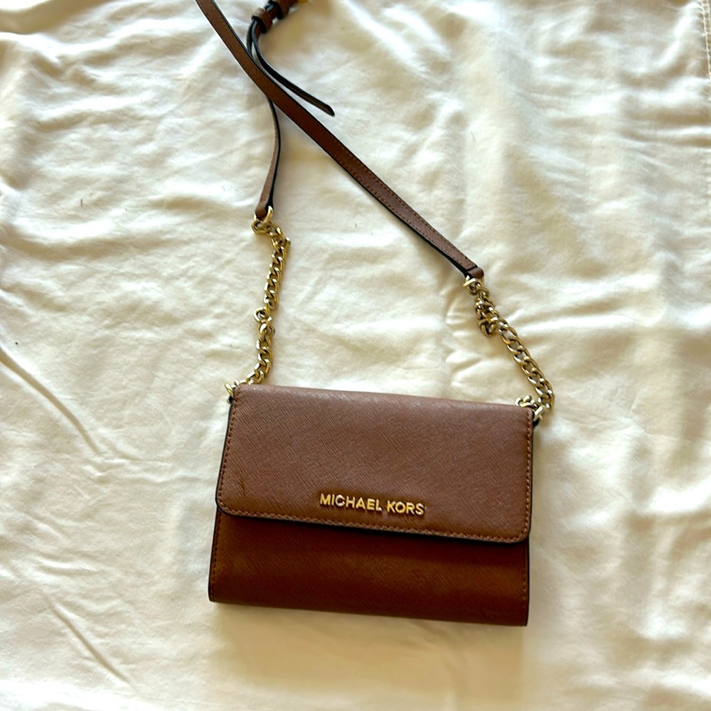 Michael Kors Brown Leather Crossbody with Gold Chain Strap